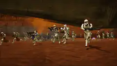 Clone Troopers running and shooting on a desert planet