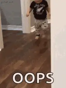 Toddler trips and falls with OOPS text