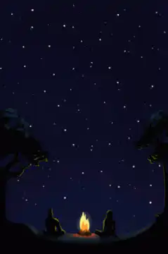 Two people sitting by a campfire under a starry night sky