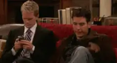 Barney and Ted waving at phones