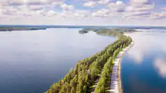 Aerial view of a causeway between lakes