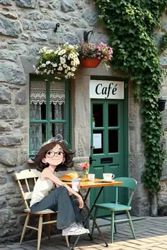 Girl sitting at cafe table