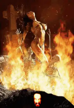 Woman and skeletons in fire