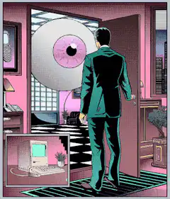 Man sees giant eye through door