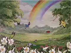 Animated butterflies in a rainbow landscape