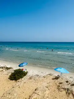 beach with blue umbrellas and swimmers
