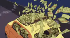 Joker laughing in a car full of money