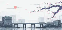 Pixel art train crossing bridge at sunset