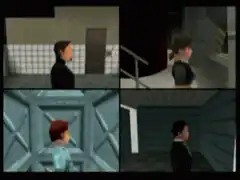 Four characters walking through a building