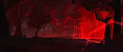 Red lightning storm in dark forest