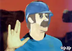 Blue helmet man holding up hand