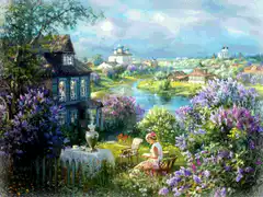 Woman reading in a garden by a river