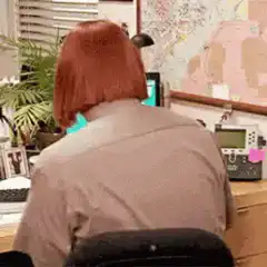 Dwight Schrute turns around with a wig