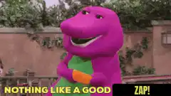 Barney holding an orange with text