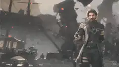 Soldiers walking through battlefield