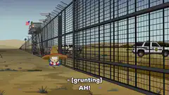 Cartman wearing a sombrero at the border wall