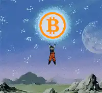 Goku holding Bitcoin in the sky