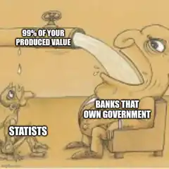Banks drinking value from faucet while statist watches