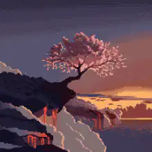 pixel art cherry blossom cliff sunset