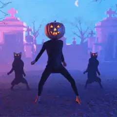 Pumpkin head dancing with black cats
