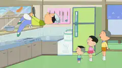 Dad flying through kitchen with pan