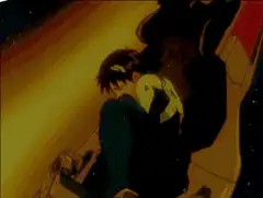 Shinji and Asuka hugging in space