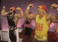Hulk Hogan and Macho Man flexing