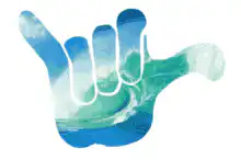 Shaka hand sign with ocean waves