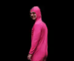 Pink suit man with giant pink hand