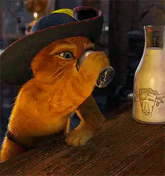Puss in Boots drinks from a shot glass