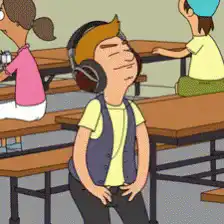 Cartoon boy vibing to music in class
