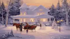 snowy christmas house with sleigh