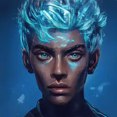 Blue-haired person with glowing eyes