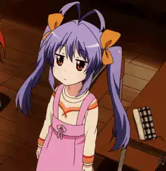 Anime girl shrugging with purple hair