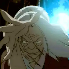 Old man reaches out with clawed hand