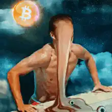 Man with long nose looking at Bitcoin