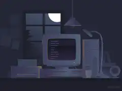 Retro computer setup at night