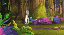 Rick sits on a toilet in a forest