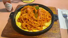Spaghetti omelette with Tabasco sauce