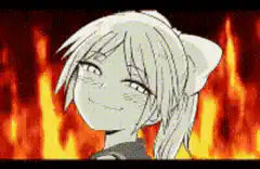 anime girl smiling with fire background