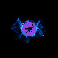 Purple circle with ostrich logo surrounded by blue smoke