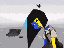 Blue and yellow character looking at a hole