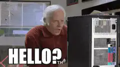 Old man yelling at computer hello