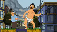 Homer flexing in underwear on a float