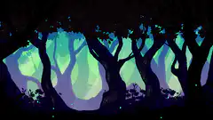 pixel art forest with glowing particles