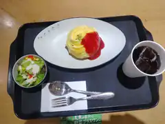 Japanese school lunch with omelet and salad