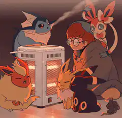 Trainer and Eeveelutions warming by heater