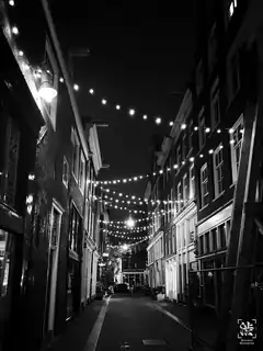 black and white alley with string lights