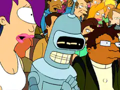 Bender grinning in a crowd