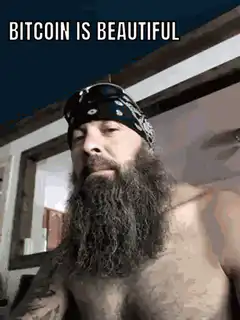 Bearded man nodding with Bitcoin is beautiful text